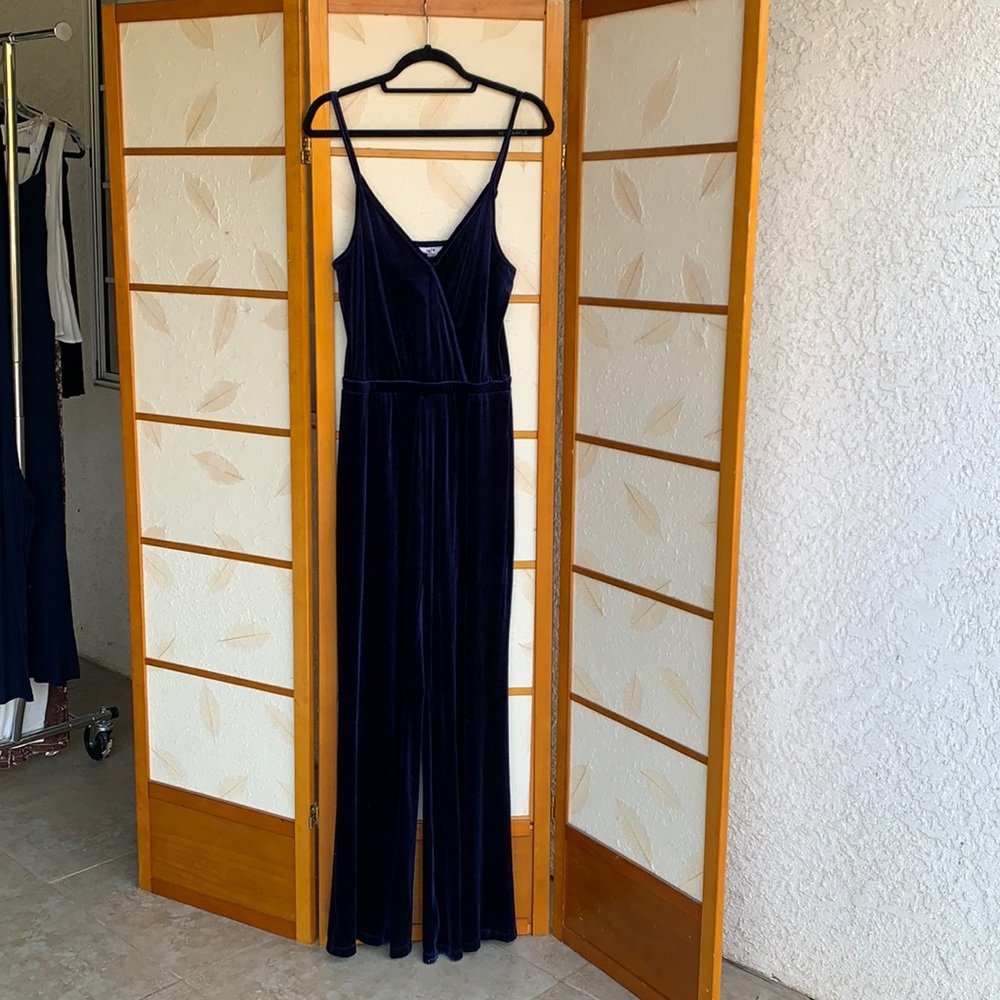 Blue velvet cross front jumpsuit